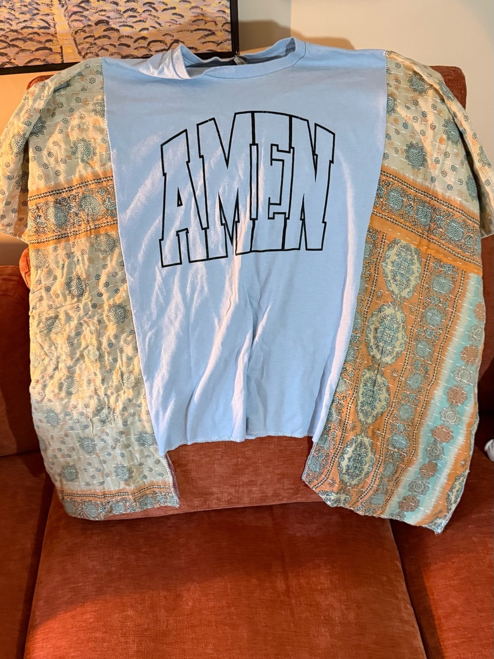 OOAK "AMEN" Graphic tee with Kantha Sleeves